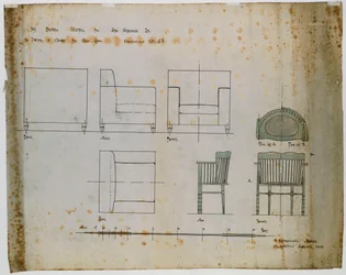 Diseños para una silla tapizada y una silla de husillo mostrados en elevación y planos