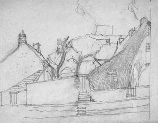 Boceto de un pueblo inglés con techo de paja en primer plano, c.1920