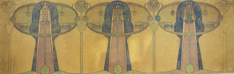 Friso decorativo de figuras humanas estilizadas, formas de árboles y plantas, c.1895