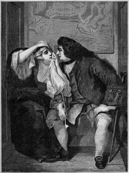 Ilustración de la novela de Laurence Sterne “La vida y opiniones de Tristram Shandy, caballero” (1713-1768): Tío Toby y Viuda Wadman. Del cuadro de Charles Robert Leslie (1794-1859) en la exposición de Manchester. Grabado en “Le Monde Illustré”