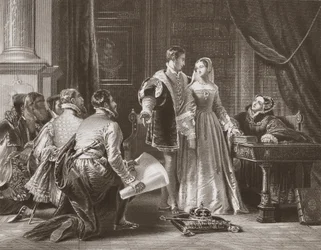 La reticencia de Lady Jane Grey a aceptar la corona, grabado por A.H. Payne