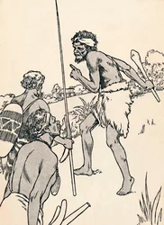 Hombres aborígenes acercándose a una granja de colonos, 1912