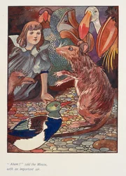 "¡Ejem!" dijo el ratón, con aire importante.
Alicia con un ratón y otros animales.