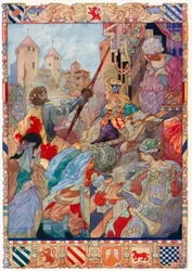 El rey Arturo saluda a su reina Ginebra (litografía en color)