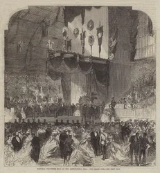 Baile Nacional de Voluntarios en el Agricultural Hall, el Gran Estrado