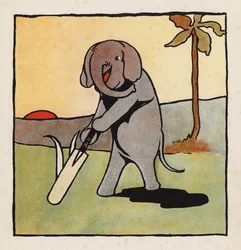 Tonterías: Elefante jugando al cricket (litografía en color)