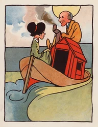 Tonterías: Anciano y su hija en casa en un barco (litografía en color)