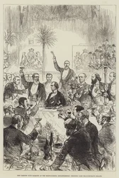 El banquete del Carlton Club en la escuela de equitación, Knightsbridge, brindando por la salud de Lord Beaconsfield