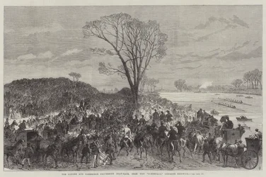 La carrera de botes de las universidades de Oxford y Cambridge, desde las dunas, frente a Chiswick