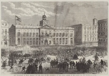 La revolución en España, izando la bandera de la revolución en las oficinas públicas en la Puerta del Sol, Madrid