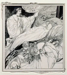 Allí Yacía, Viéndose Tan Hermosa, ilustración de Briar Rose, Los Anales Verdaderos de Fairyland - El Reinado del Rey Herla, publicado por J.M. Dent & Co. Ltd., 1900