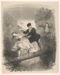 Escena de ballet con hombre y mujer sobre abismo Anuncio Entradas para ballets y obras de teatro en el Amsterdam City Theatre (título de la serie)