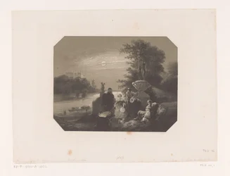 Hombres y mujeres en el paisaje a la luz de la luna.