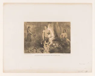 Hombres, mujeres y niños en el bosque. Kvenen, habitantes más antiguos de los Países Bajos (título sobre objeto)