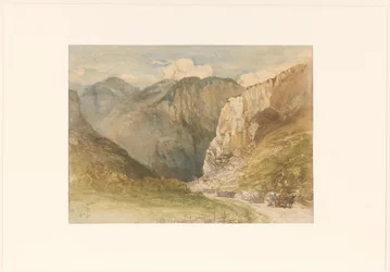Carros de bueyes en un camino entre montañas en el cantón de Sankt Gallen
