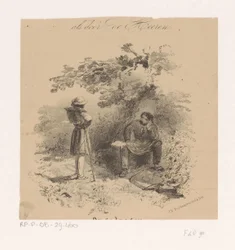 Pintor en reposo en conversación con otro artista Escuela de pintura de Hollandsche, dibujos y bocetos de los pintores más famosos de los Países Bajos (título de la serie)
