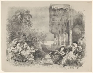 Escena de juego con mujeres orientales. Anuncios de ballets y obras de teatro representadas en el Amsterdam City Theatre (título de la serie)