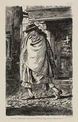 Una figura con capa pasando por la calle (en la época de la peste en Londres)