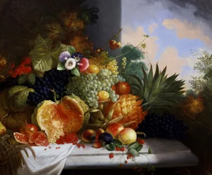 Naturaleza muerta de fruta (incluyendo frambuesas, uvas, fruta de la pasión, melones, grosellas, piñas, melocotones). Pintura de Charles Stuart (activo 1854-1904) Colección particular.