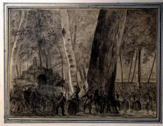 Revolución Francesa: El cuerpo de Jean-Paul Marat (1743-1793) enterrado en el jardín de los Cordeliers. Dibujo de Charles Thevenin (1764-1838) 1793