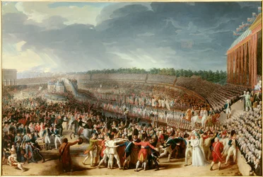 Revolución francesa: «La Fiesta de la Federación del 14 de julio de 1790 en el Campo de Marte» - Pintura de Charles Thévenin (1764-1838), 1790, Sol, 1,27x1,83 m, París, Musée Carnavalet