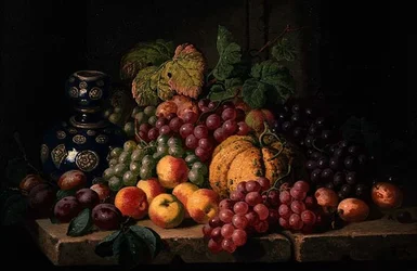 Naturaleza muerta con frutas y un jarrón azul