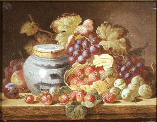 Naturaleza muerta con frutas y un tarro de jengibre