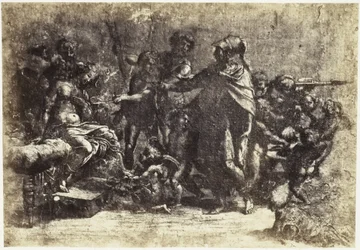 Reproducción fotográfica de un dibujo de Rafael, escena con soldados, mujer desnuda y ángel