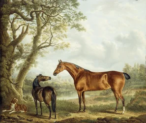 Cazadores y un spaniel en un paisaje extenso, 1827