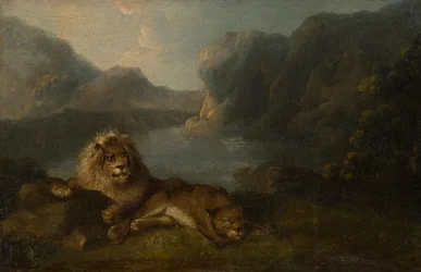 Leones en un paisaje junto al lago