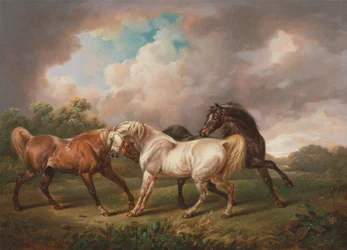 Tres caballos en un paisaje tormentoso