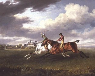 Dos Caballos de Carrera con Jinetes, Ejercitándose en un Paisaje