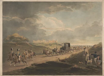 Su Majestad, en su carruaje de viaje, regresando a la ciudad desde Windsor