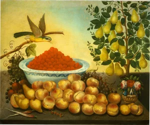 Naturaleza Muerta: Fruta, Pájaro y Árbol de Pera Enano