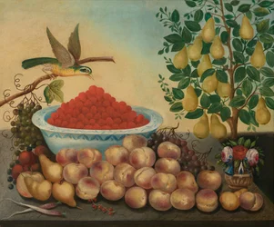 Naturaleza muerta: Fruta, pájaro y peral enano