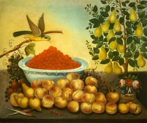 Naturaleza muerta: Fruta, pájaro y árbol de pera enano, 1856