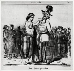 Un castigo justo: Europa coloca un cartel con la inscripción "saqueador, mentiroso, etc." en la espalda de un personaje con uniforme austríaco, con bigotes y patillas (Emperador Francisco José I de Austria 1830-1916). Ilustración de Charles Vernier
