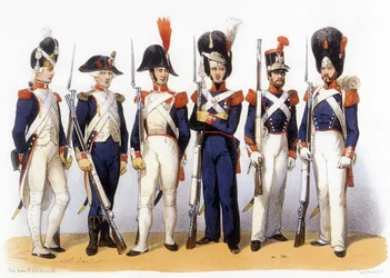 Uniformes del ejército francés, Guardia Nacional (Infantería) Siglo XVIII-XIX, grabado de Charles Vernier (1831-1887)