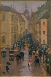 Calle Diener en Múnich, con la torre de San Pedro al fondo