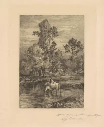 Paisaje con caballos bebiendo