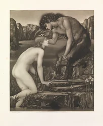 Pan y Psique (mezzotinta impresa sobre papel)