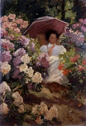 Chica con sombrilla. Joven con sombrilla en un jardín en flor. Pintura de Charles Wellington Furse (1868-1904 Inglés) Colección privada