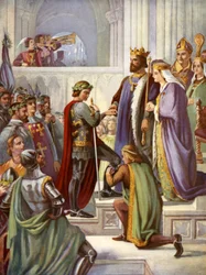 La investidura del Príncipe Negro como Caballero de la Orden de la Jarretera (litografía en color)