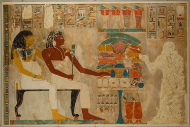 Visir Rekhmire y su madre Meryt con ofrendas de comida, c.1928