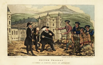 Un albañil escocés informa a turistas ingleses de que su oxidada antigua espada falchion es una hoja moderna de Andrea Ferrara ante el Palacio de Holyrood, Edimburgo