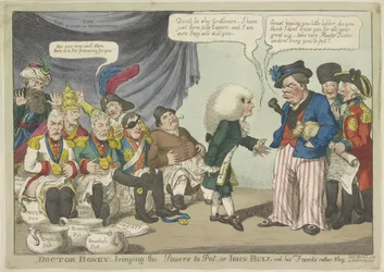 Dokter Napoleón zet de Europese vorsten op de pot, 1808 Doctor Boney - trayendo los poderes a la olla, o John Bull y sus amigos bastante tímidos (título sobre objeto)