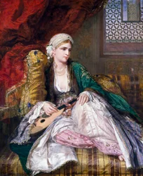 Orientalismo: "Belleza oriental" europea con turbante y velos (¿estilo turco) recostada con un instrumento musical. Pintura de Charles Wynne Nicholls (1831-1903) (prerafaelita) 1865
