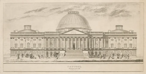 Capitolio, Washington, D.C., grabado por Henry y James Stone (florecieron 1822-1849), 1826 (aguatinta y grabado en línea sobre papel)