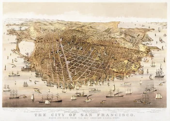 La ciudad de San Francisco, vista aérea desde la bahía mirando al suroeste, publicada por Currier & Ives