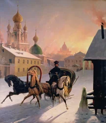 Troika en la calle en San Petersburgo, 1850s